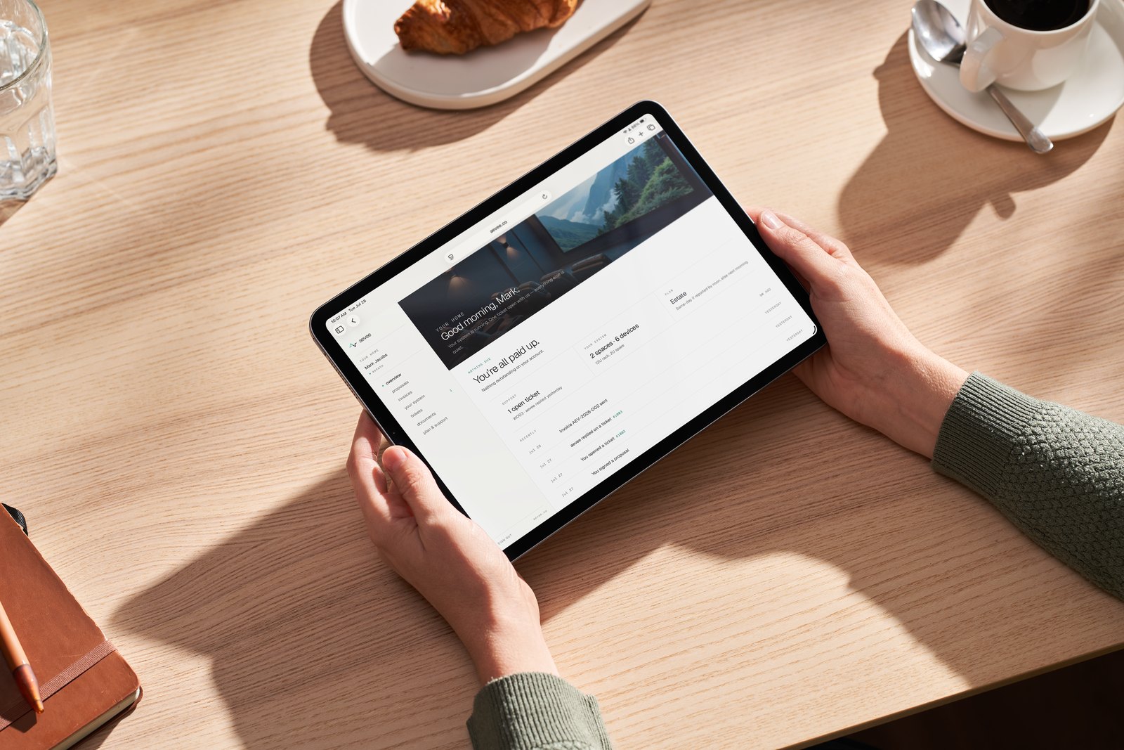 The aevee client portal open on a tablet