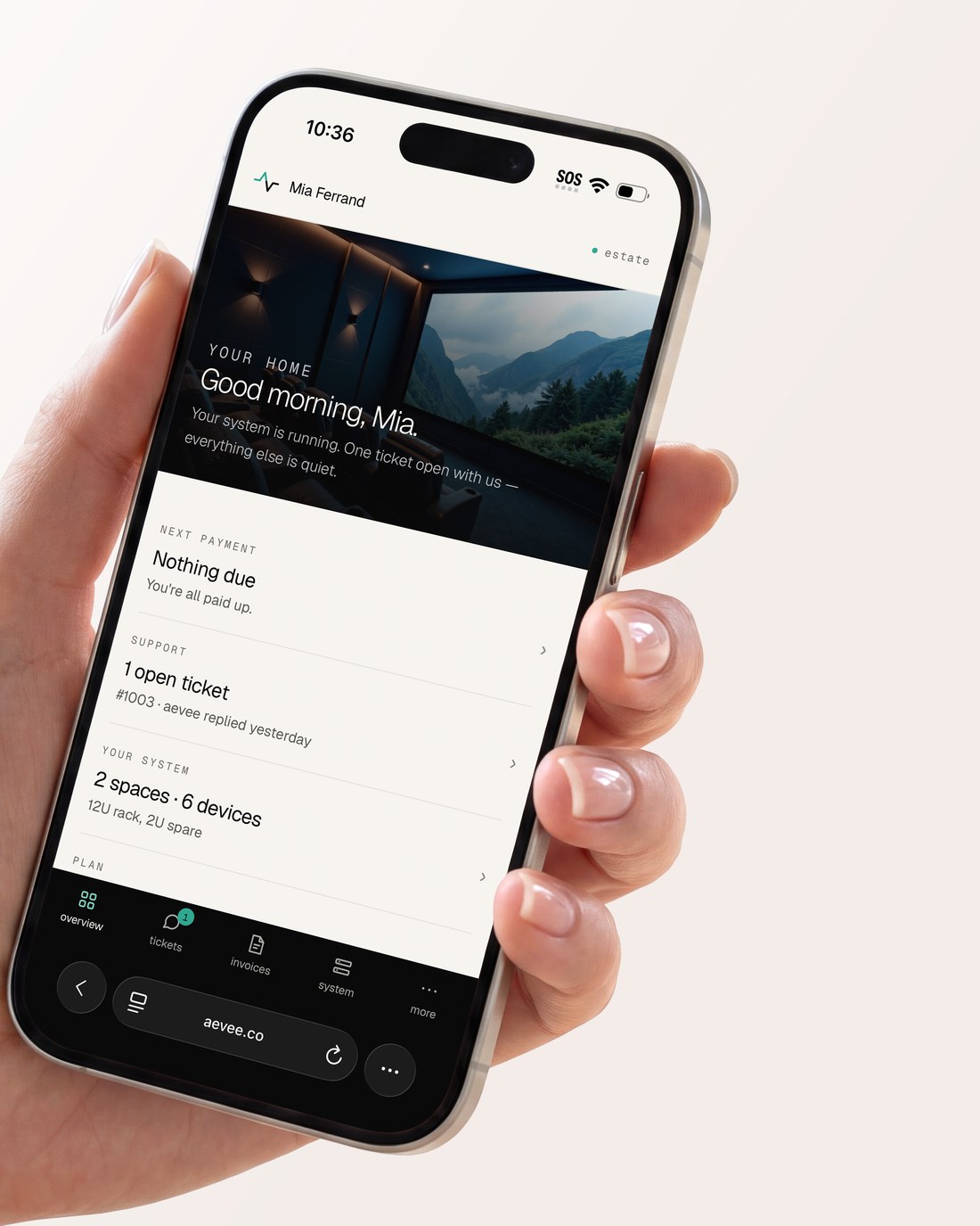 The aevee client portal on a phone, showing tickets, invoices and system tabs