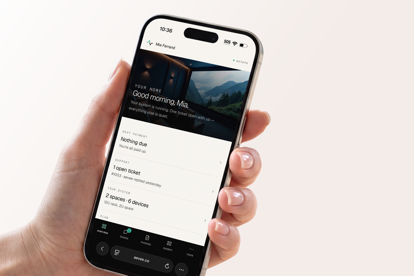 The aevee client portal on a phone, showing tickets, invoices and system tabs