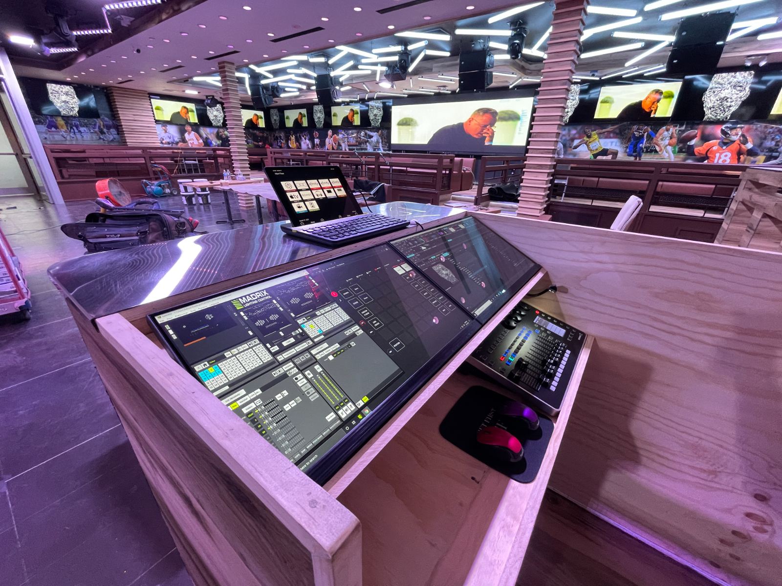 The front-of-house lighting and audio console