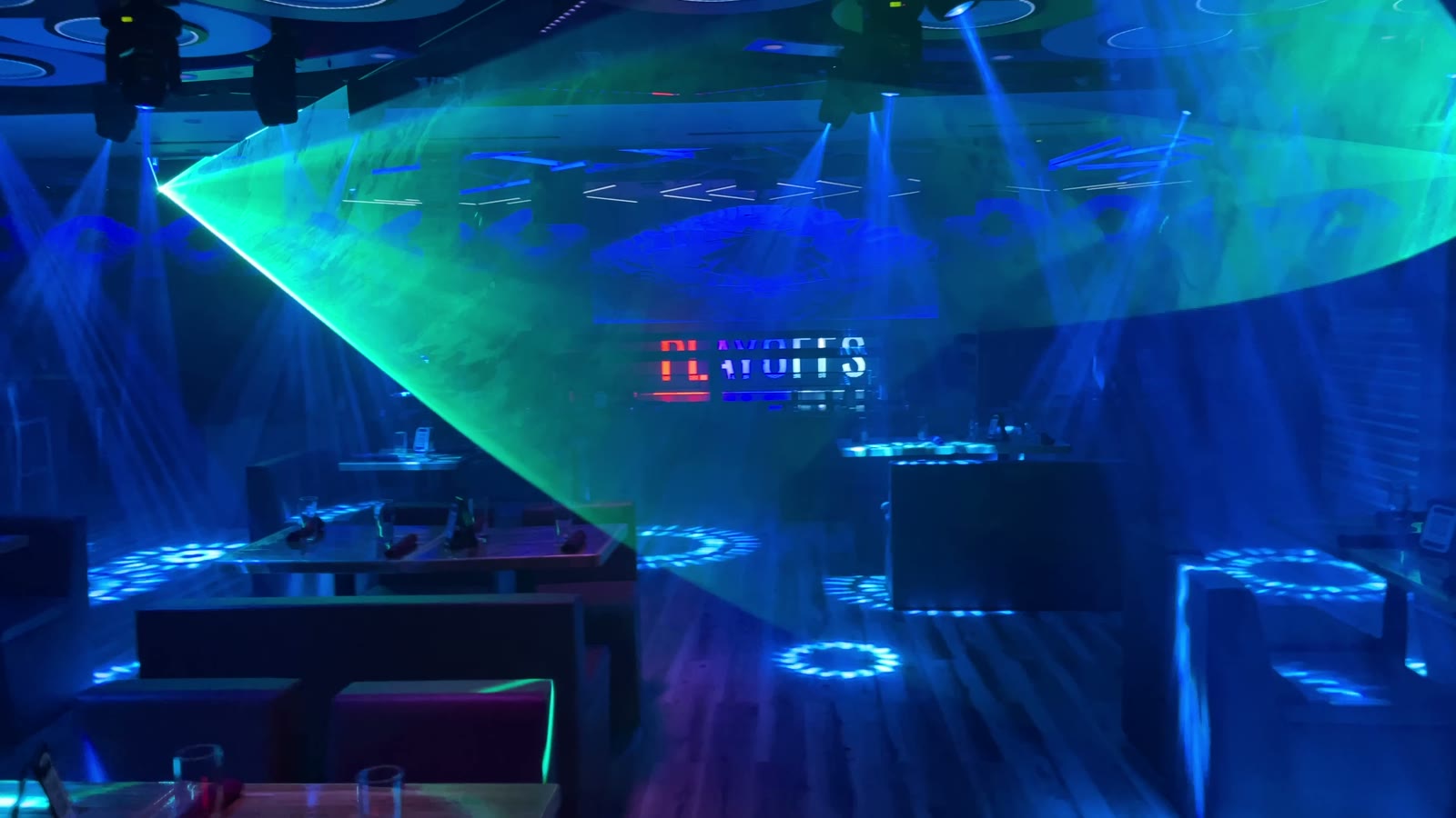 The lounge under a full blue laser and LED show